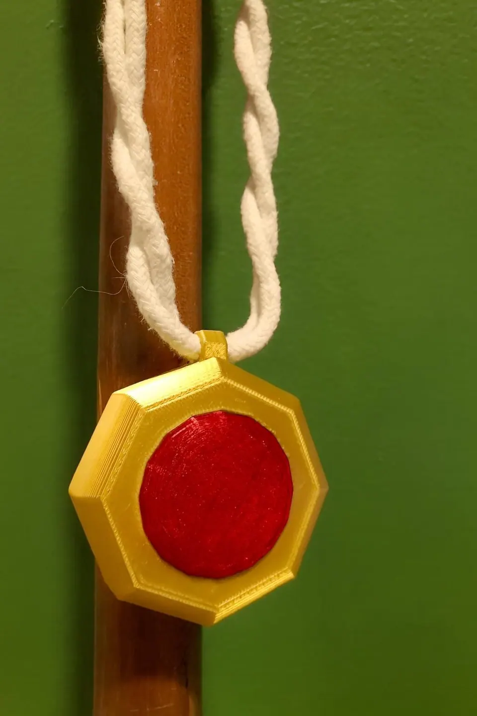 Amulet of strength with a red ruby, hanging from a braided cord